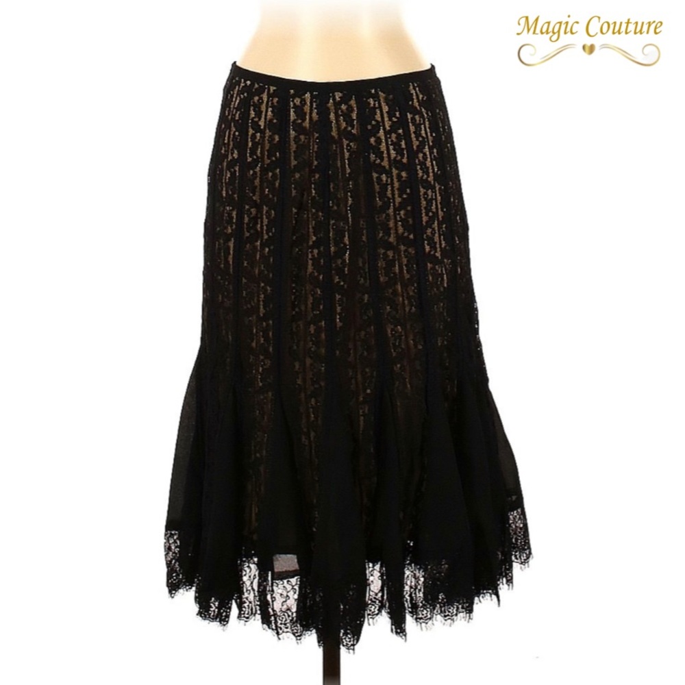 Ann Taylor Loft Sheer Black Lace Champagne Lined Boho Midi Skirt🖤🖤🖤